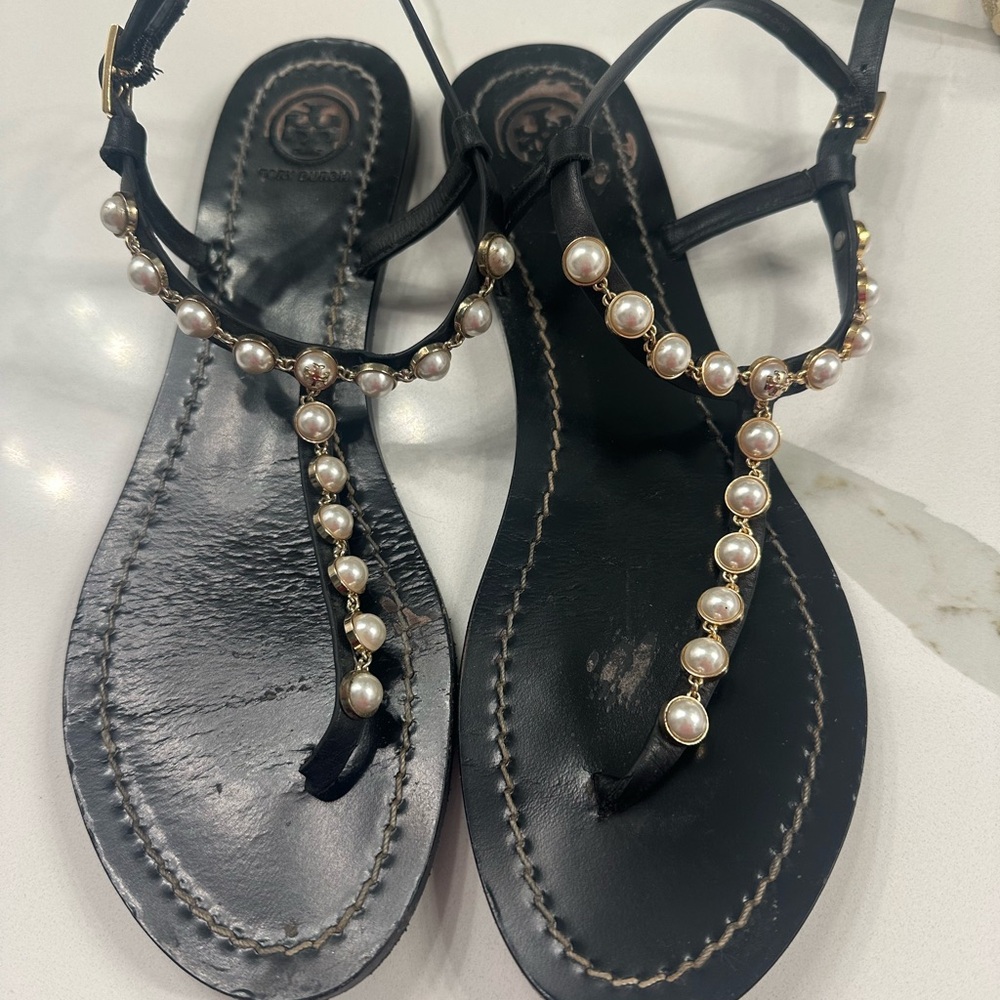 Tory Burch Black and Cream Beaded T-Strap Sandals